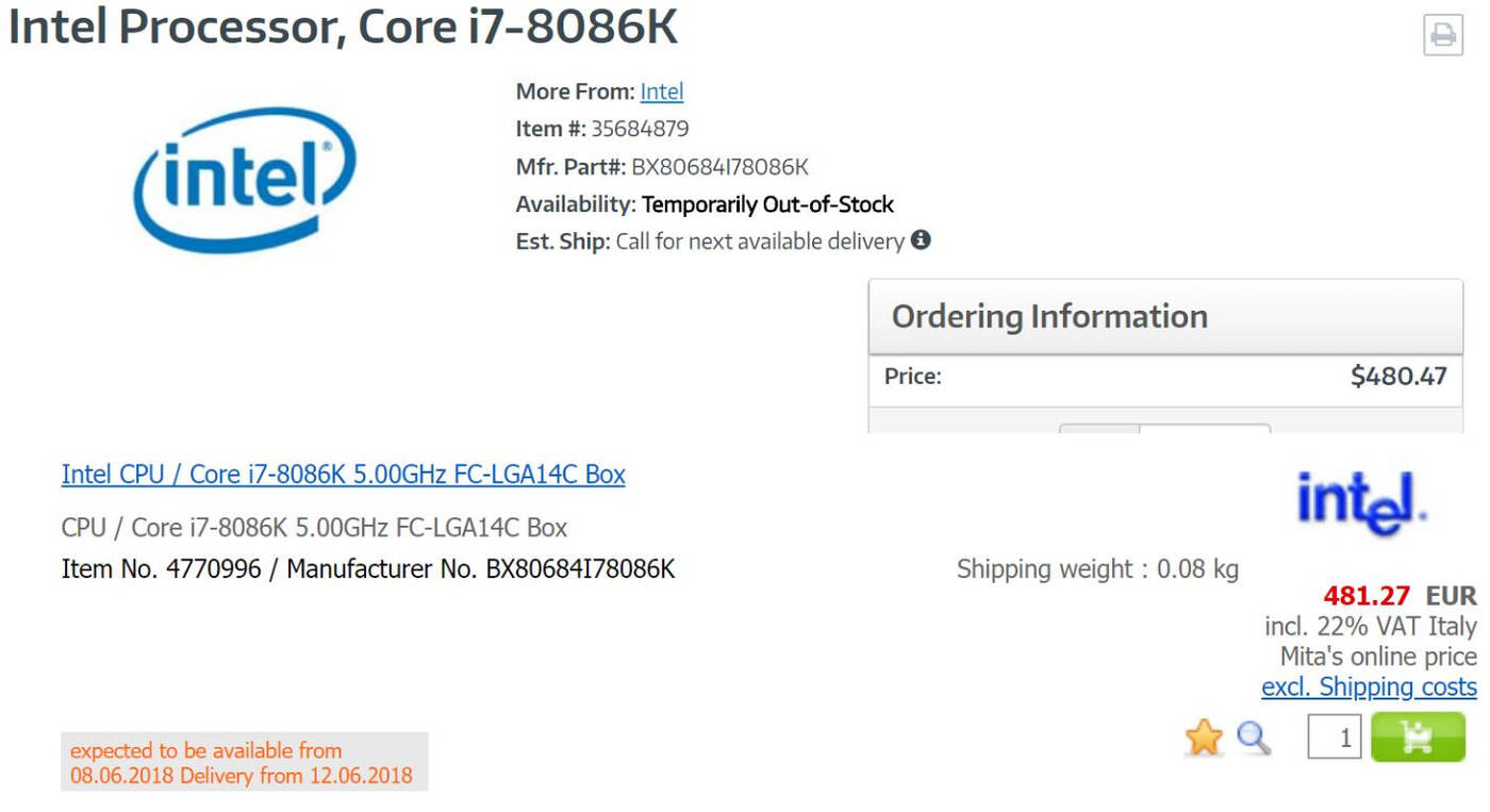 Unikalny Intel Core i7-8086K pojawił się w ofercie sklepu