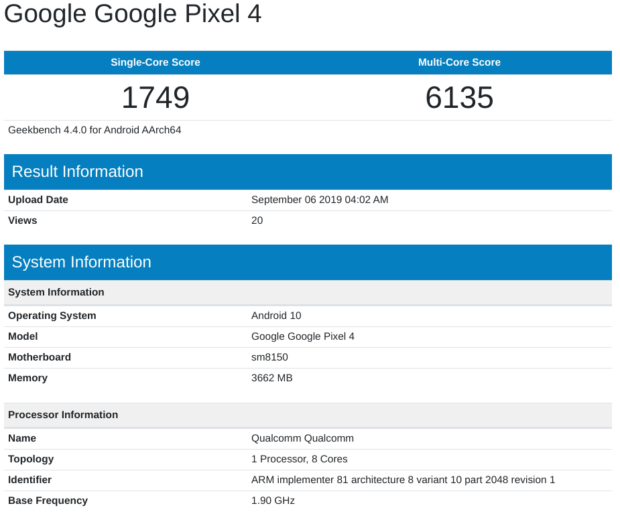 Google Pixel 4, geekbench Google Pixel 4, benchmark Google Pixel 4, testy Google Pixel 4, wydajność Google Pixel 4, test Google Pixel 4