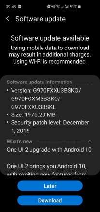 update Galaxy S10e, one ui 2.0 Galaxy S10e, android 10 Galaxy S10e