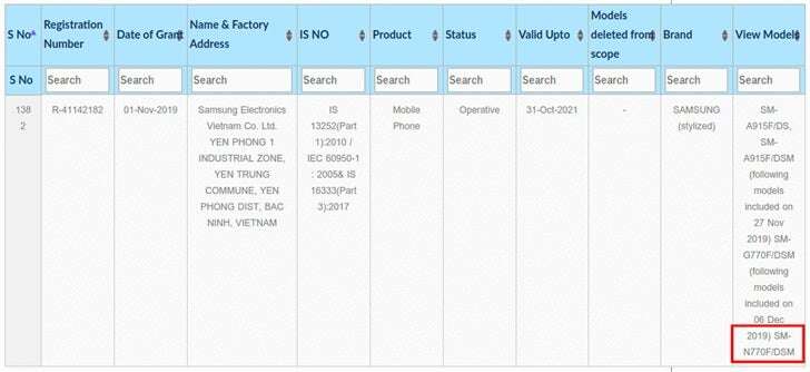 BIS Galaxy Note 10 Lite, certyfikat Galaxy Note 10 Lite