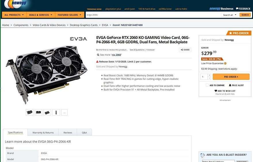 EVGA RTX 2060 KO cena, zdjęcie EVGA RTX 2060 KO, sklep EVGA RTX 2060 KO