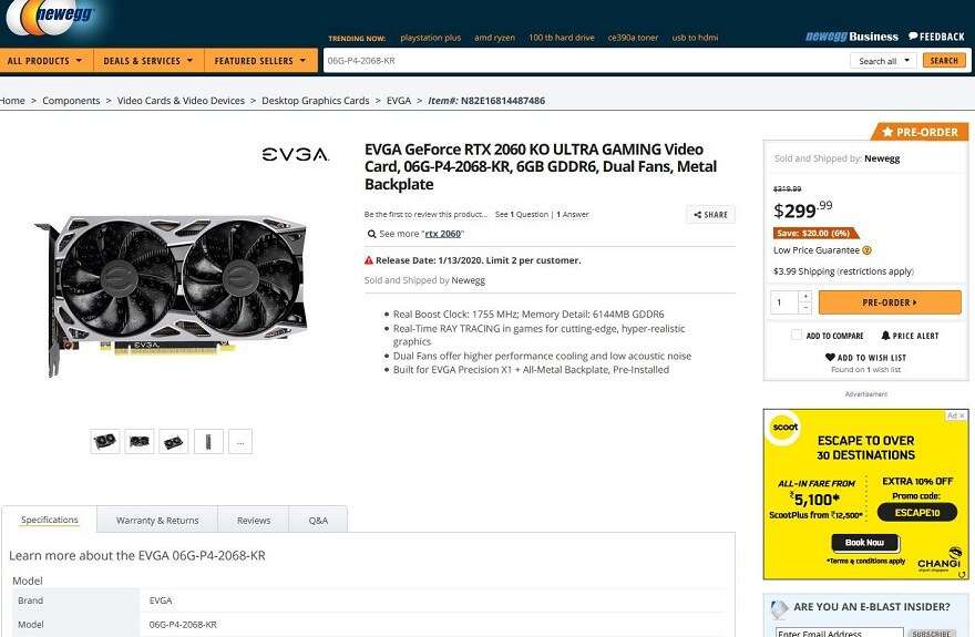 EVGA RTX 2060 KO cena, zdjęcie EVGA RTX 2060 KO, sklep EVGA RTX 2060 KO