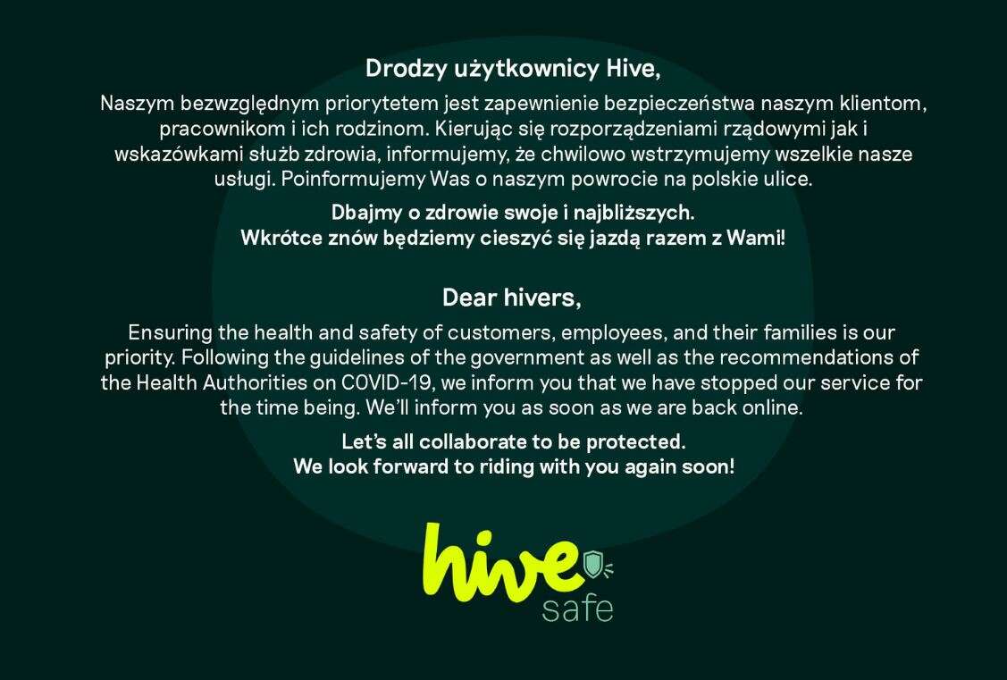 Hive koronawirus, hive covid-19, hive zawieszenie usług