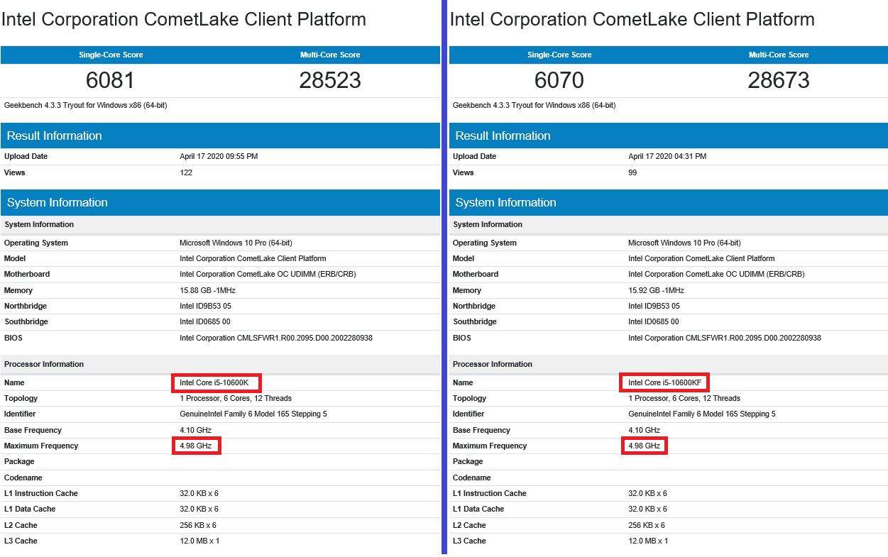 geekbench Intel Core i5-10600K i Intel Core i5-10600KF, testy Intel Core i5-10600K i Intel Core i5-10600KF