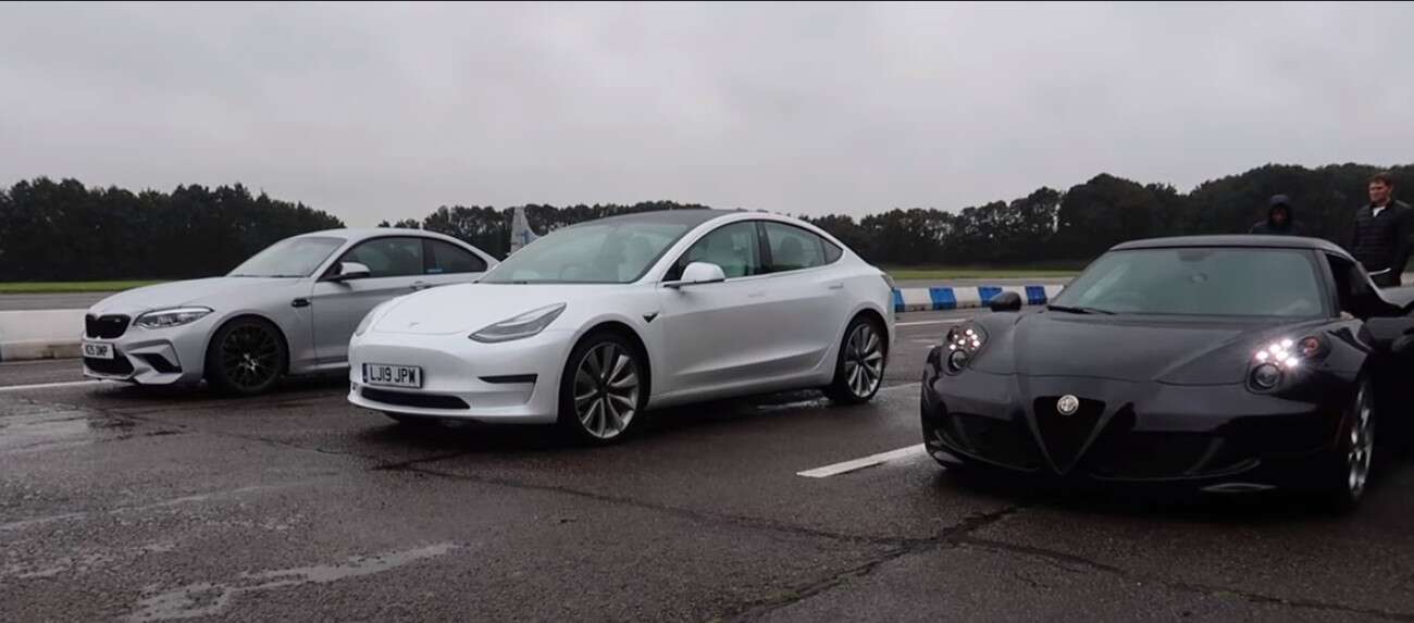 Model 3 Performance, Tesla Model 3, wyścig Model 3, Model 3 na prostej, Alfa 4C, BMW M2