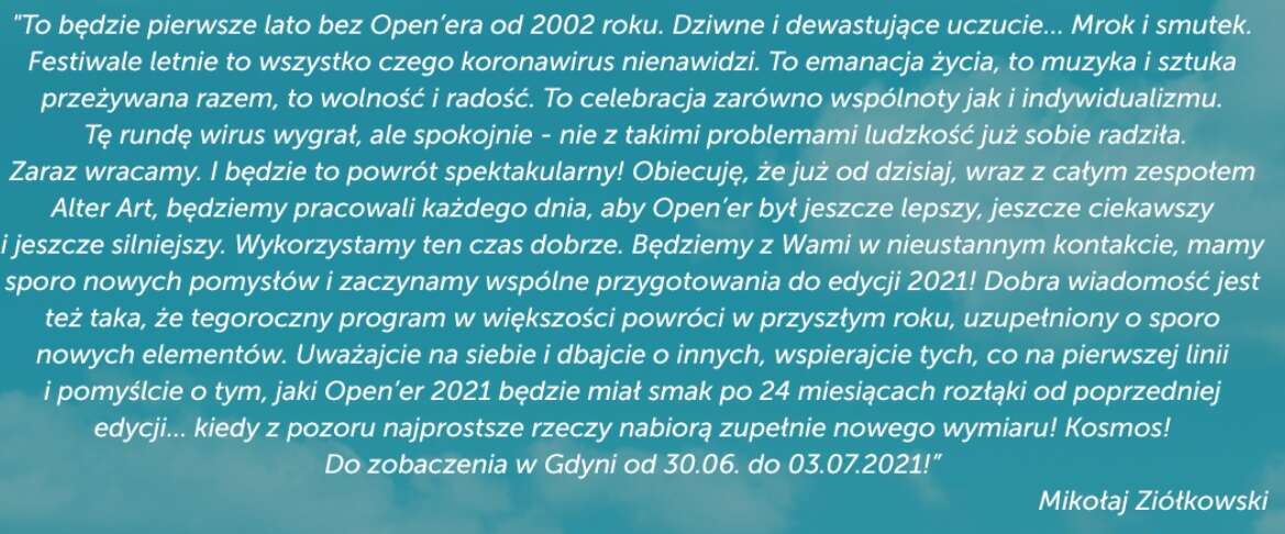 Open'er przeniesiony na 2021 rok. Wiemy co z biletami
