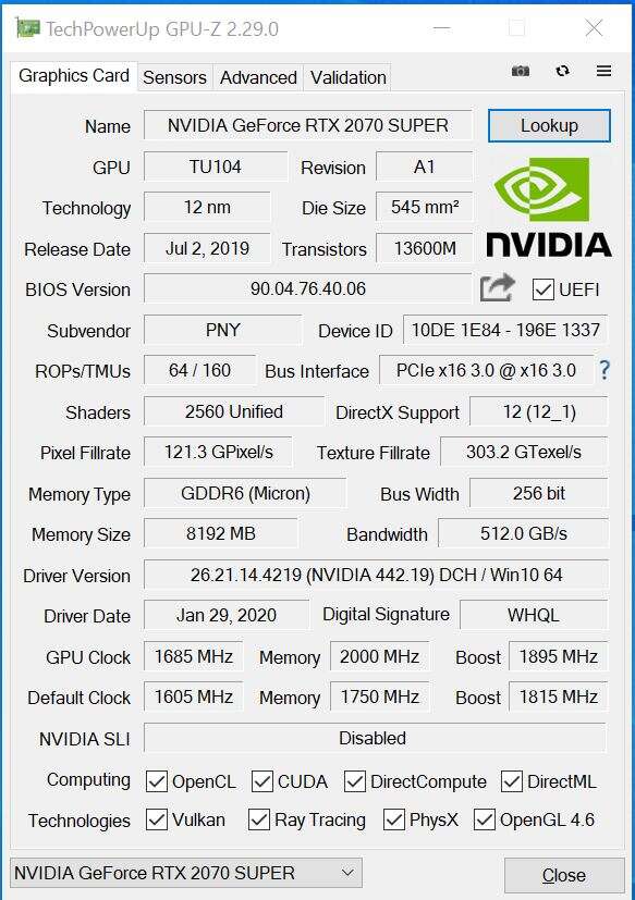 Test PNY GeForce RTX 2070 SUPER 8GB XLR8 Gaming OC