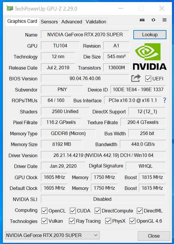 Test PNY GeForce RTX 2070 SUPER 8GB XLR8 Gaming OC