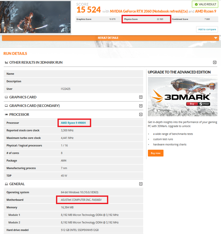 AMD Ryzen 9 4900H, 3dmark AMD Ryzen 9 4900H, firestrike AMD Ryzen 9 4900H