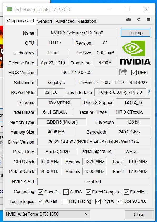 Test Gigabyte GeForce GTX 1650 D6 Windforce OC 4GB