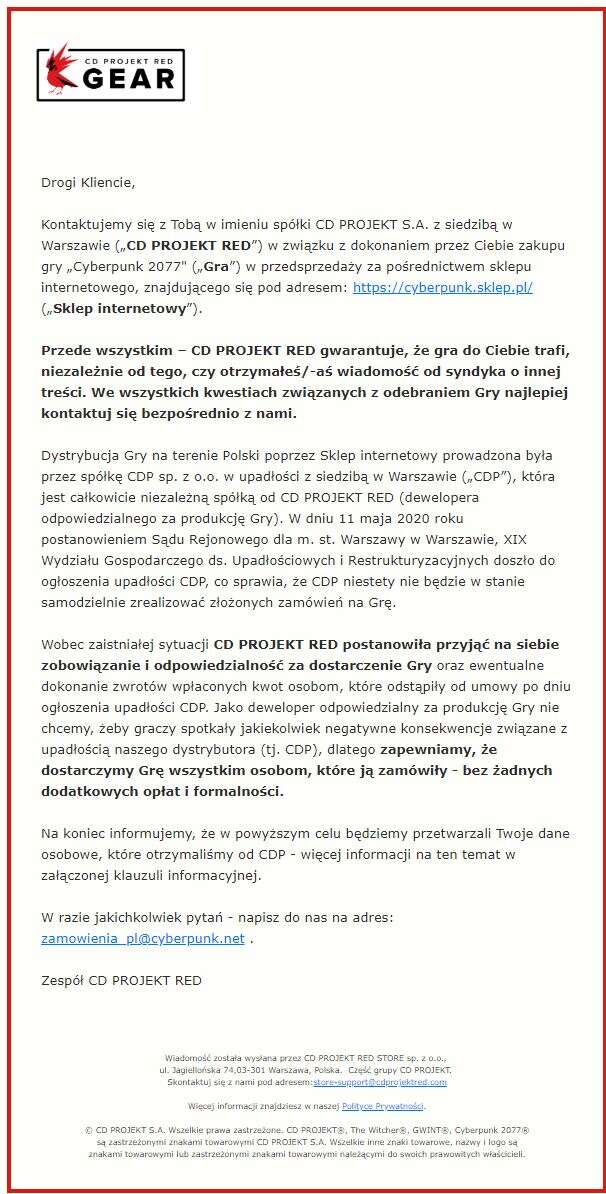 CDP nie dostarczy Cyberpunka 2077? Pojawił się niejasny komunikat