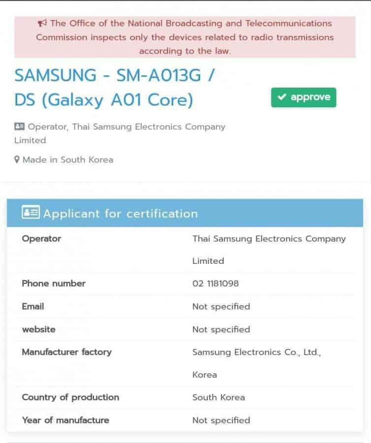 specyfikacja Samsung Galaxy A01 Core , certyfikat Samsung Galaxy A01 Core