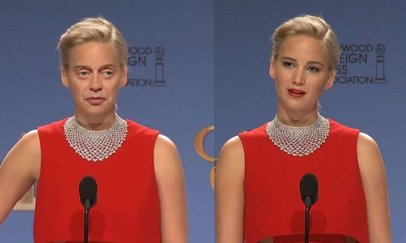 Dwa zdjęcia, po prawej oryginalne z aktorką, po lewej przerobione z wklejoną twarzą innego aktora