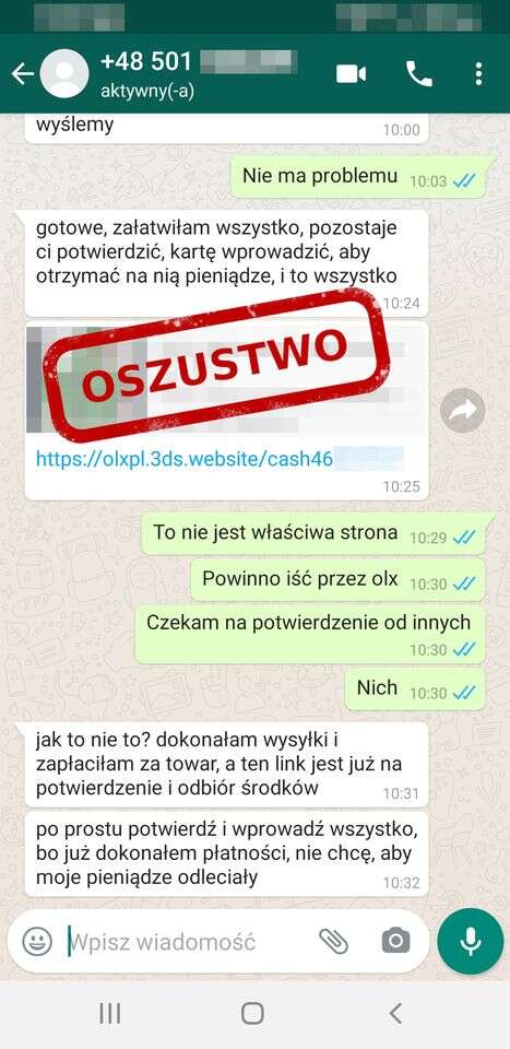 Oszustwo na OLX - przestępcy korzystają z WhatsAppa