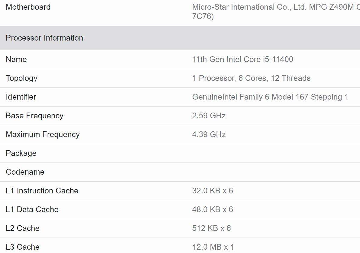 geekbench Intel Core i5-11400