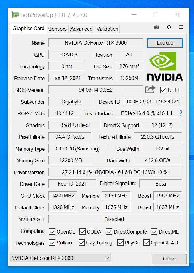 Test Gigabyte GeForce RTX 3060 Gaming OC 12G