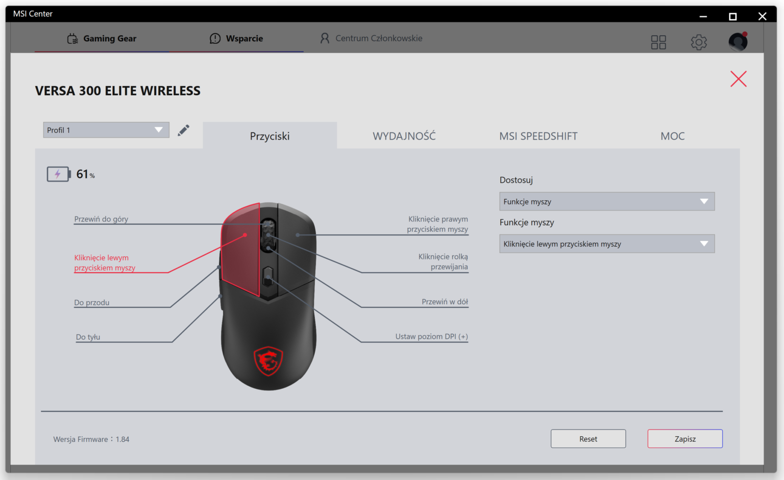MSI Versa 300 Elite Wireless - test myszki