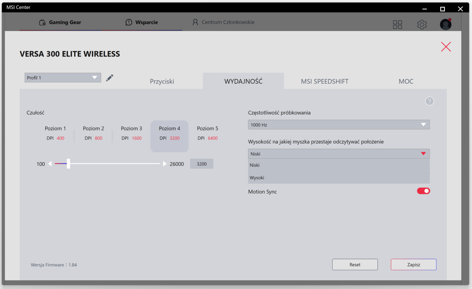 MSI Versa 300 Elite Wireless - test myszki