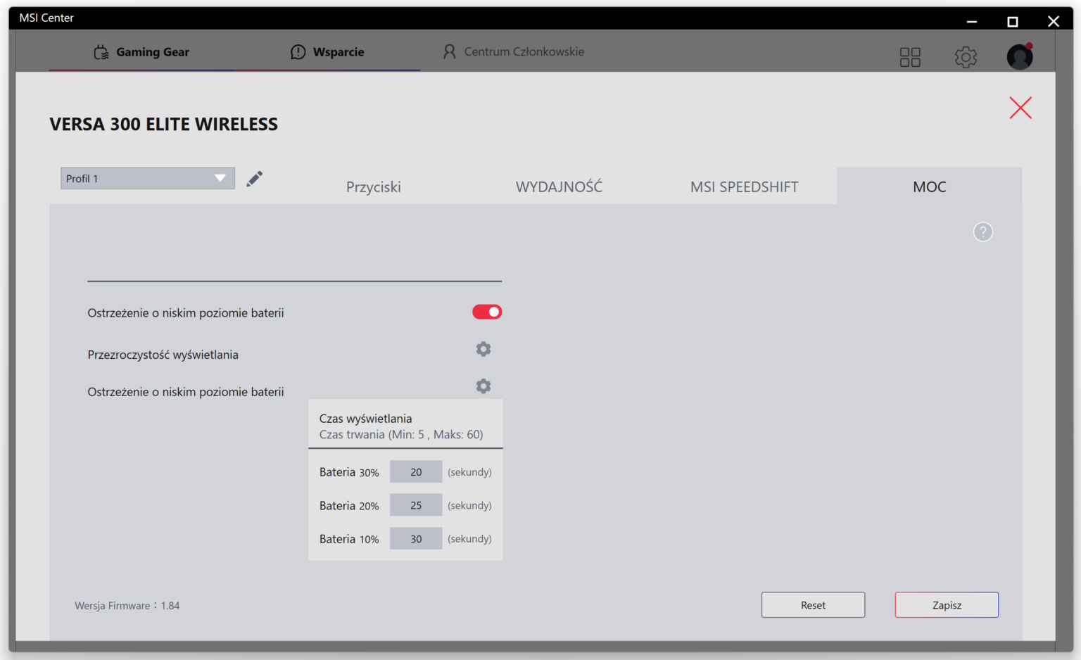 MSI Versa 300 Elite Wireless - test myszki