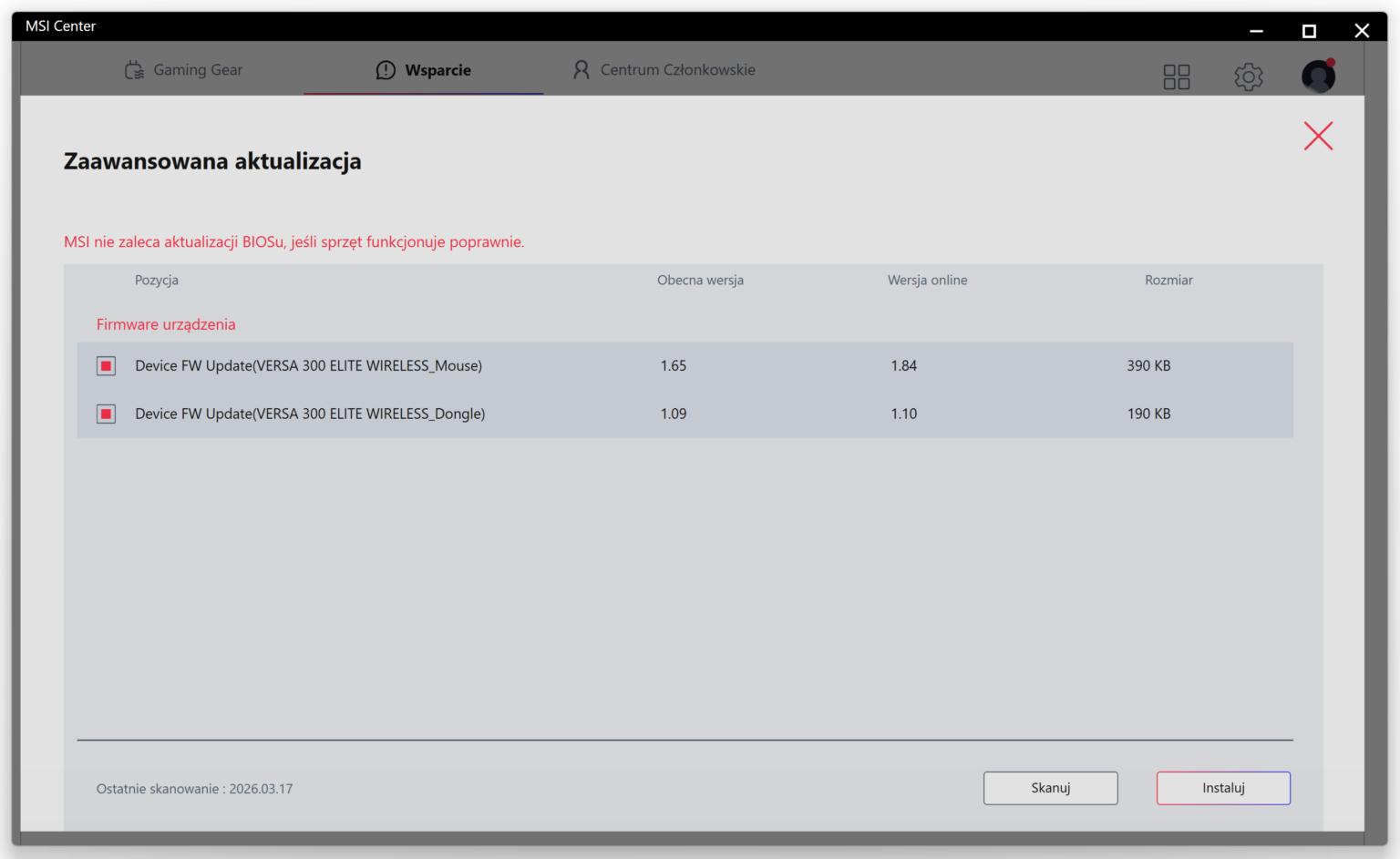 MSI Versa 300 Elite Wireless - test myszki