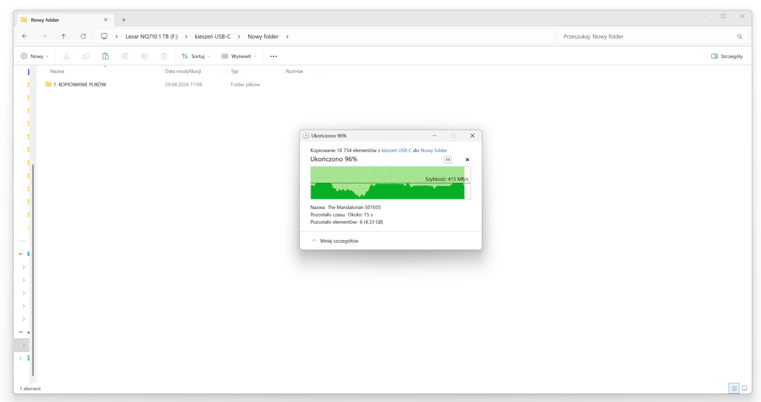 Lexar NQ710 1 TB - test dysku w dwóch scenariuszach - slocie M.2 oraz dedykowanej kieszeni USB-C