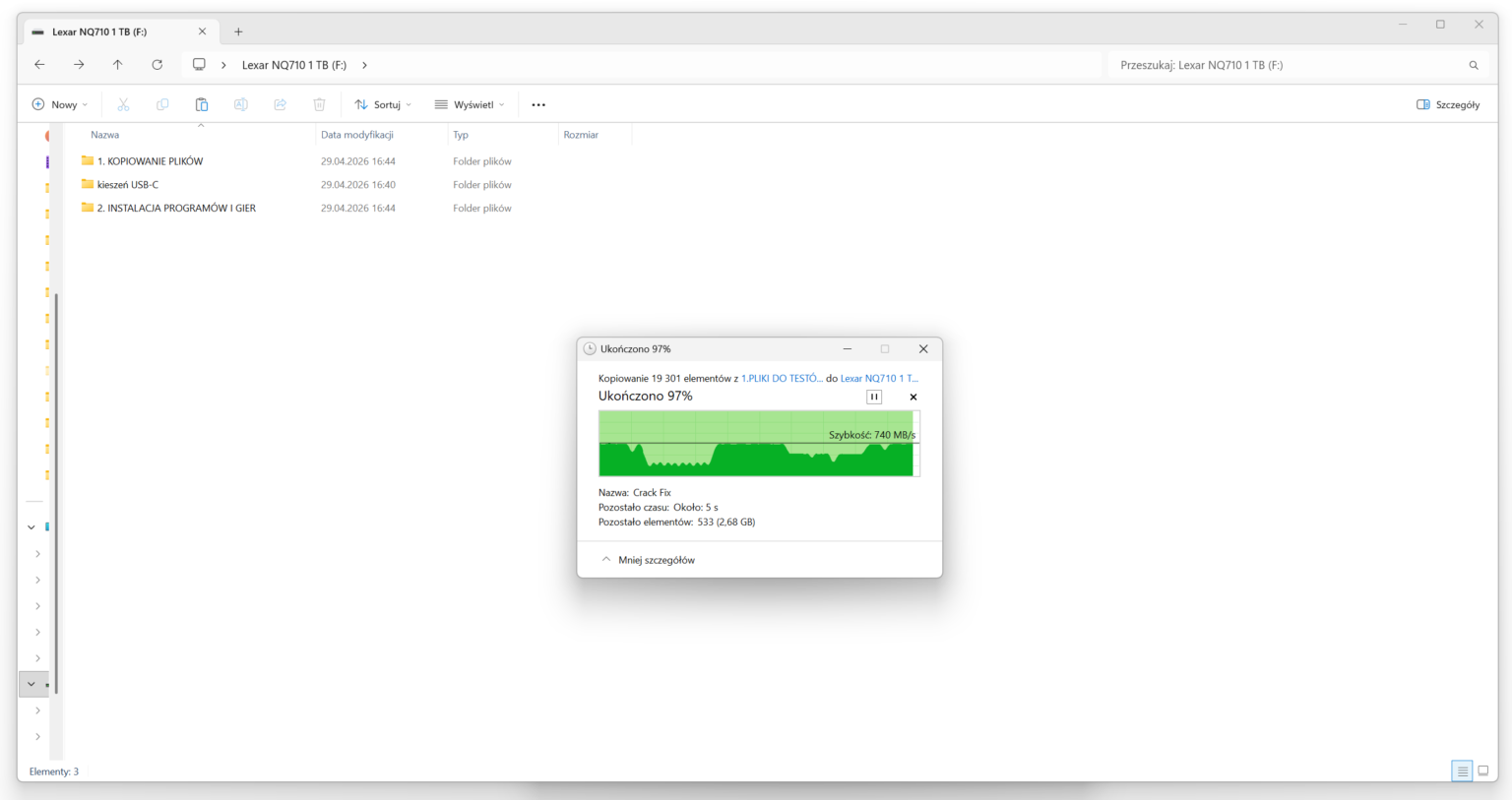 Lexar NQ710 1 TB - test dysku w dwóch scenariuszach - slocie M.2 oraz dedykowanej kieszeni USB-C