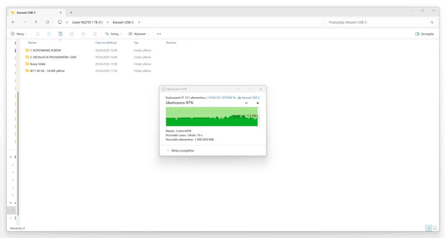 Lexar NQ710 1 TB - test dysku w dwóch scenariuszach - slocie M.2 oraz dedykowanej kieszeni USB-C