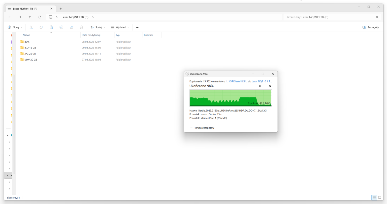 Lexar NQ710 1 TB - test dysku w dwóch scenariuszach - slocie M.2 oraz dedykowanej kieszeni USB-C