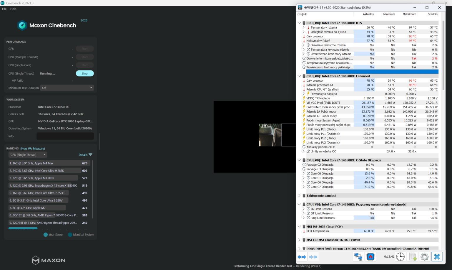 MSI Crosshair 16 HX E14W (Core i7-14650H + RTX 5060 115W) - test laptopa
