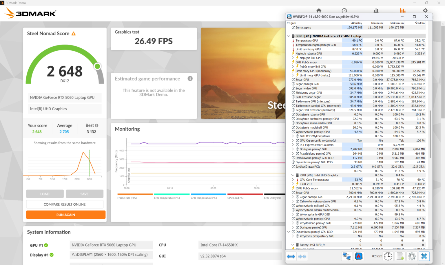 MSI Crosshair 16 HX E14W (Core i7-14650H + RTX 5060 115W) - test laptopa